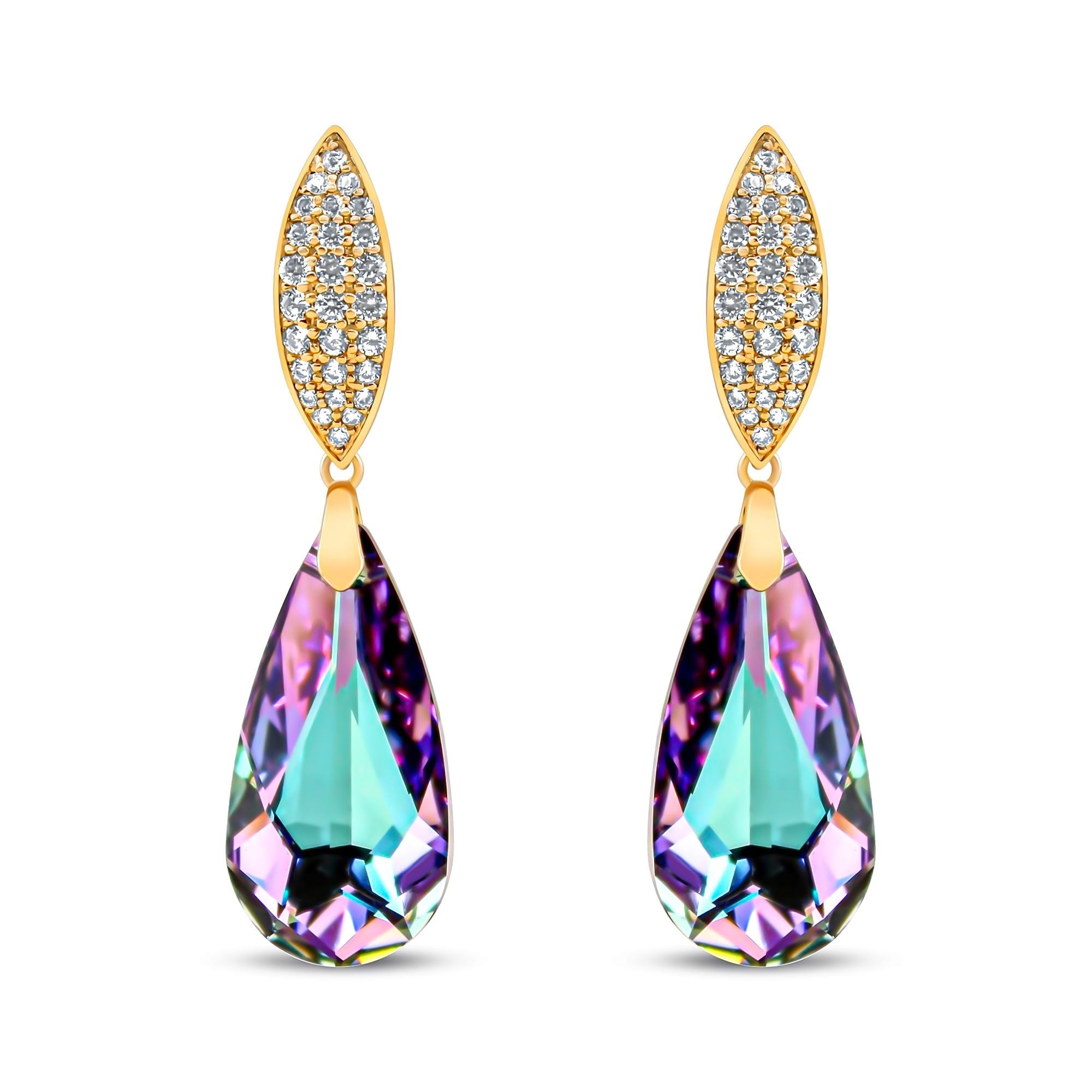 Garie auskari no medicīniskā zelta ar daudzkrāsainiem Swarovski kristāliem
